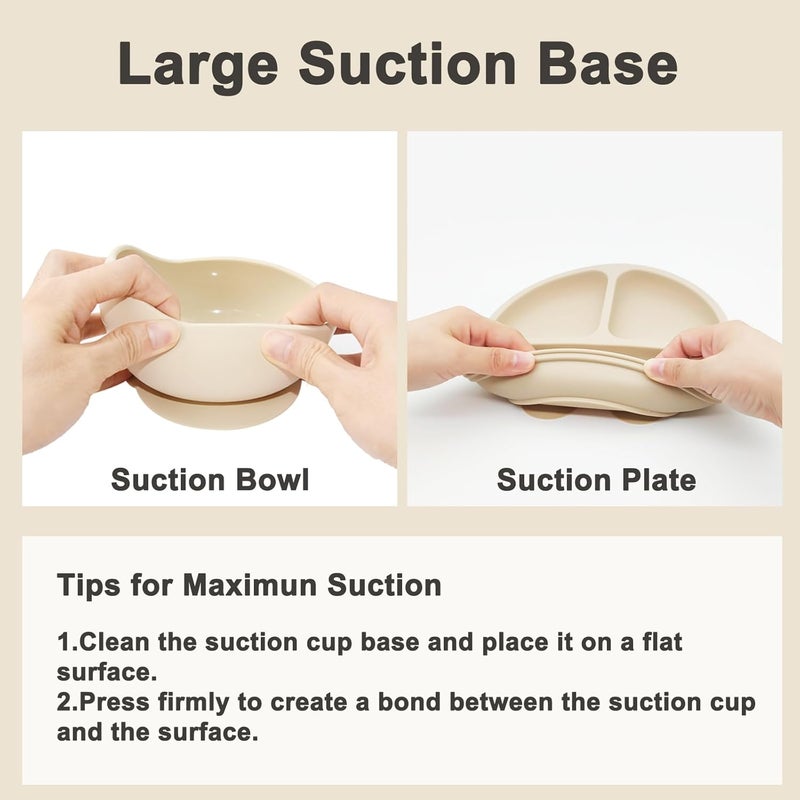 Munlinder Silicone Baby Feeding Set | Baby Led Weaning Supplies Includes Suction Bowls and Divided Plates, Adjustable Bib, Baby Utensils Spoons and Forks,Cup | Baby Feeding Essentials (Beige) - Image 5